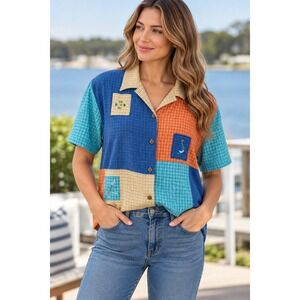Koret Francisca Patchwork Shirt Women 18W Art Plaid Embroidered Button Down